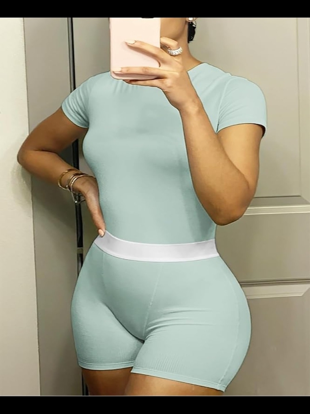 KISSYOUNG Ribbed Activewear Lounge Set Mint Green White Waistband Size XL NWT